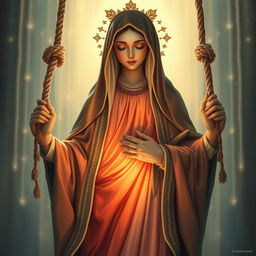 A captivating and artistic depiction of the Virgen, a serene and compassionate figure, elegantly surrounded by intricate ropes symbolizing emotional release and freedom