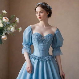 A full, flowy, blue corset dress with sleeves and flower decorations, worn by a pale-skinned girl. The dress radiates Bridgerton-inspired style, modernized and tailored for a wedding guest look.