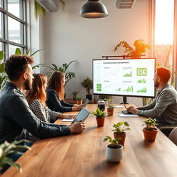 A dynamic and modern office space representing a startup focused on Environmental, Social, and Governance (ESG) principles