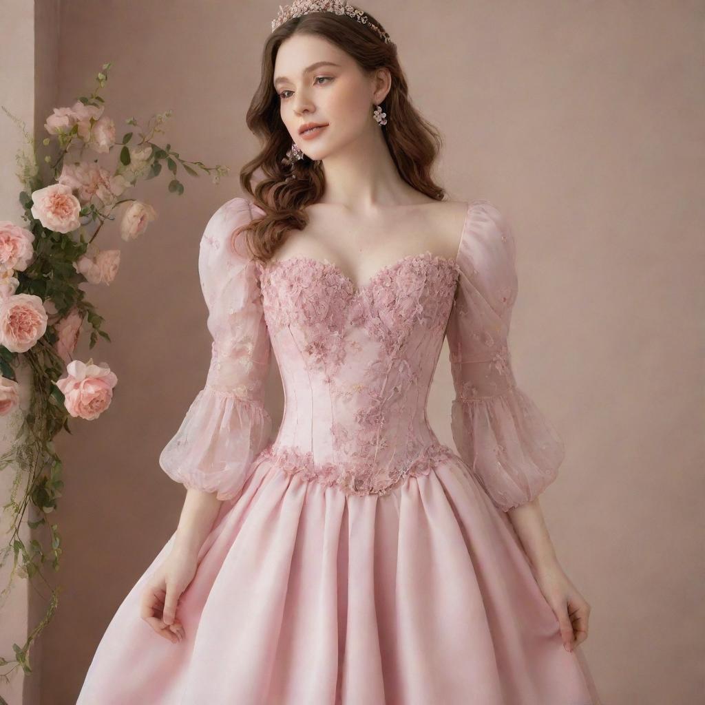 A full, flowy, pink corset dress with sleeves and flower decorations, worn by a pale-skinned girl. The dress captures the Bridgerton-chic style, modernized and adapted to befit a wedding guest.