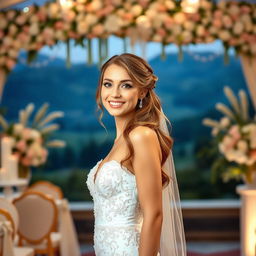 A beautiful young Russian woman with a slender figure, elegantly dressed in a stunning bridal gown for a wedding