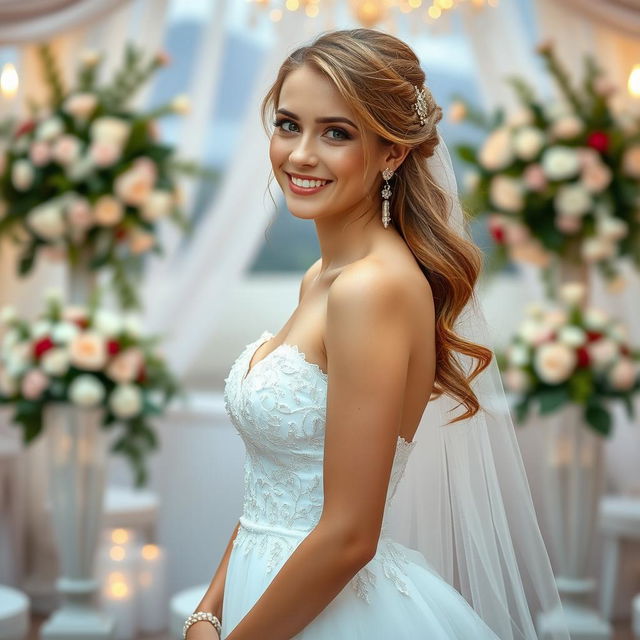 A beautiful young Russian woman with a slender figure, elegantly dressed in a stunning bridal gown for a wedding