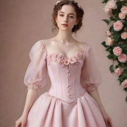 A full, flowy, pink corset dress with sleeves and flower decorations, worn by a pale-skinned girl. The dress captures the Bridgerton-chic style, modernized and adapted to befit a wedding guest.