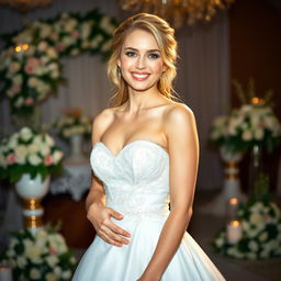 A beautiful young Russian woman with a slender figure, elegantly dressed in a stunning bridal gown for a wedding