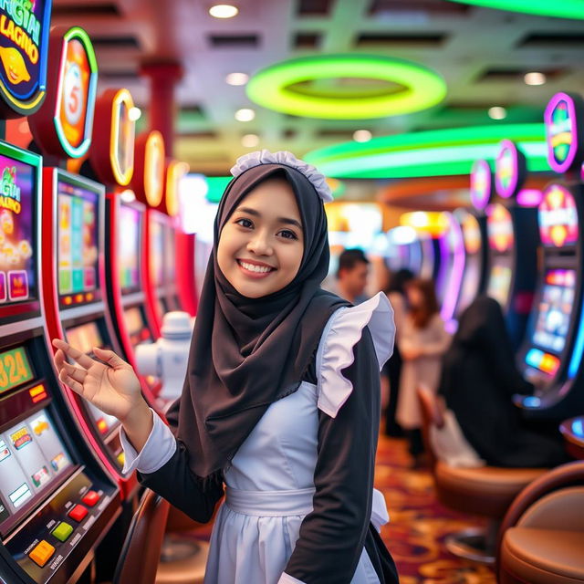 A young woman wearing a hijab, dressed in a chic maid costume, playfully engaging at a bustling casino