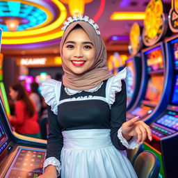 A young woman wearing a hijab, dressed in a chic maid costume, playfully engaging at a bustling casino
