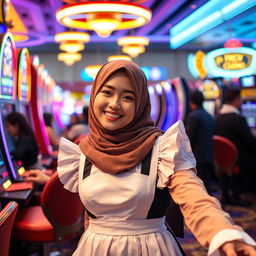 A young woman wearing a hijab, dressed in a chic maid costume, playfully engaging at a bustling casino