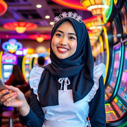 A young woman wearing a hijab, dressed in a chic maid costume, playfully engaging at a bustling casino