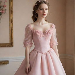 A full, flowy, pink corset dress with sleeves and flower decorations, worn by a pale-skinned girl. The dress captures the Bridgerton-chic style, modernized and adapted to befit a wedding guest.