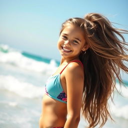 A beautiful young girl in a stylish swimsuit, showcasing a fun and vibrant summer vibe