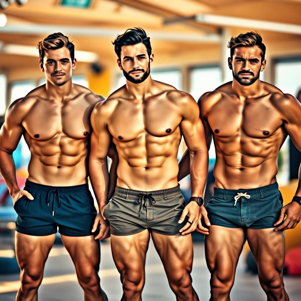 Three attractive men with sexy physiques, showcasing defined six-pack abs, standing confidently