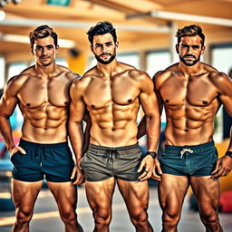 Three attractive men with sexy physiques, showcasing defined six-pack abs, standing confidently