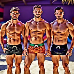 Three attractive men with sexy physiques, showcasing defined six-pack abs, standing confidently