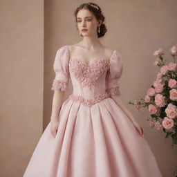 A full, flowy, pink corset dress with sleeves and flower decorations, worn by a pale-skinned girl. The dress captures the Bridgerton-chic style, modernized and adapted to befit a wedding guest.