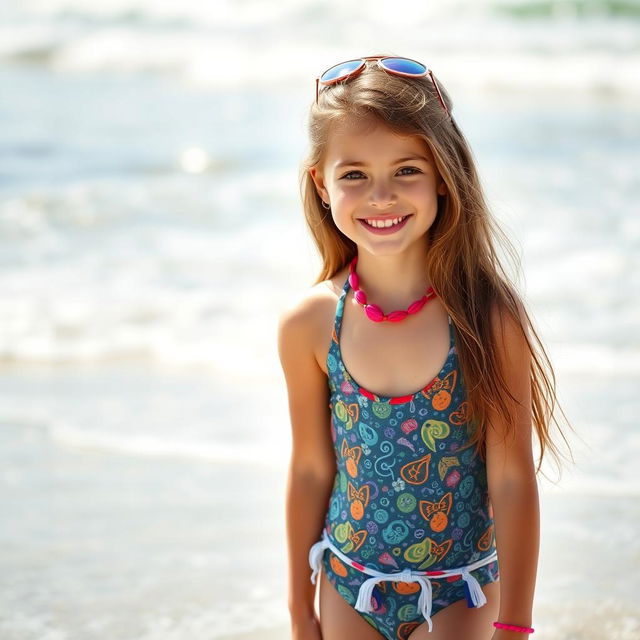 A beautiful young girl, around 13 years old, wearing a stylish swimsuit, enjoying a sunny day at the beach