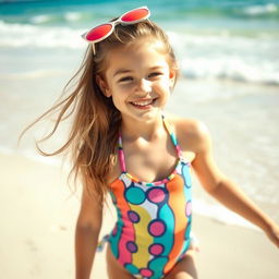 A beautiful young girl, around 13 years old, wearing a stylish swimsuit, enjoying a sunny day at the beach