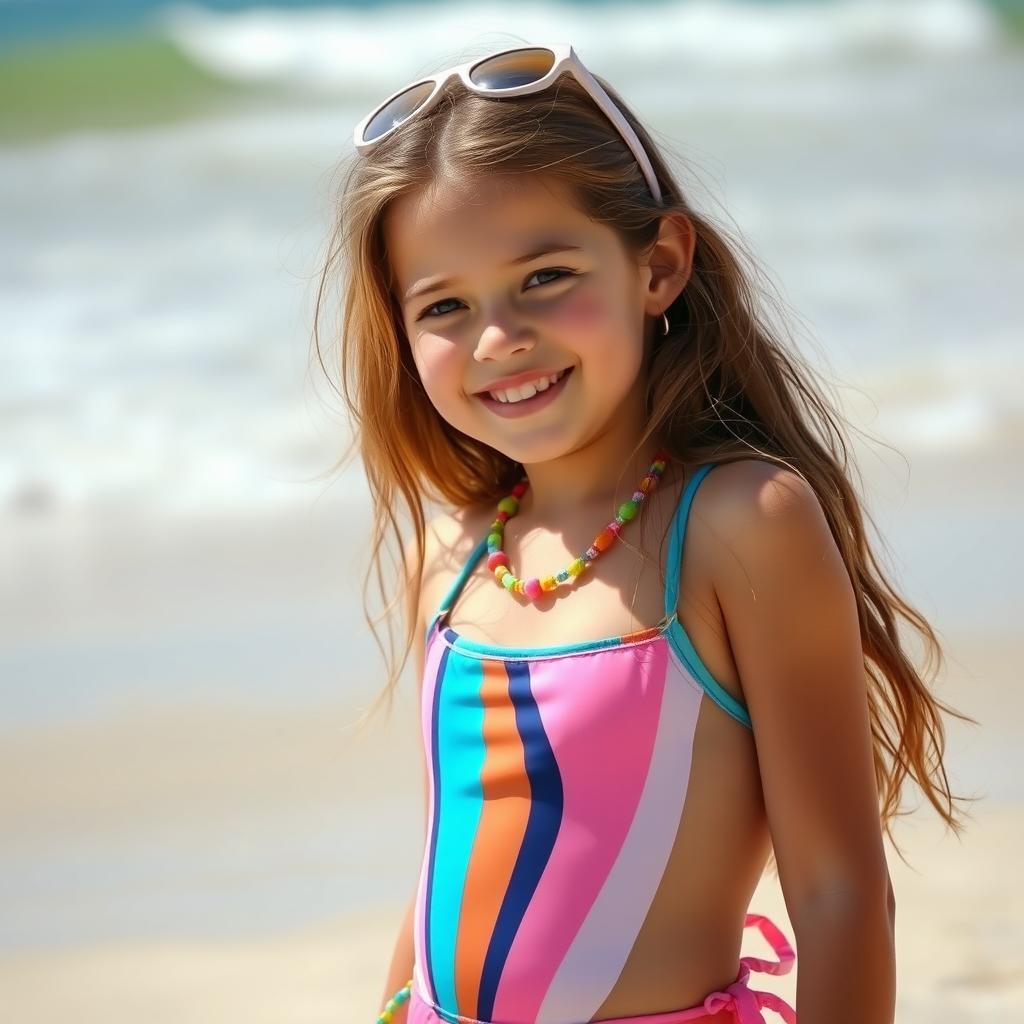 A beautiful young girl, around 13 years old, wearing a stylish swimsuit, enjoying a sunny day at the beach