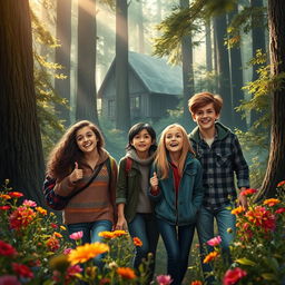 Five friends exploring a deep, mystical forest with enchanting scenery