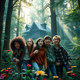 Five friends exploring a deep, mystical forest with enchanting scenery