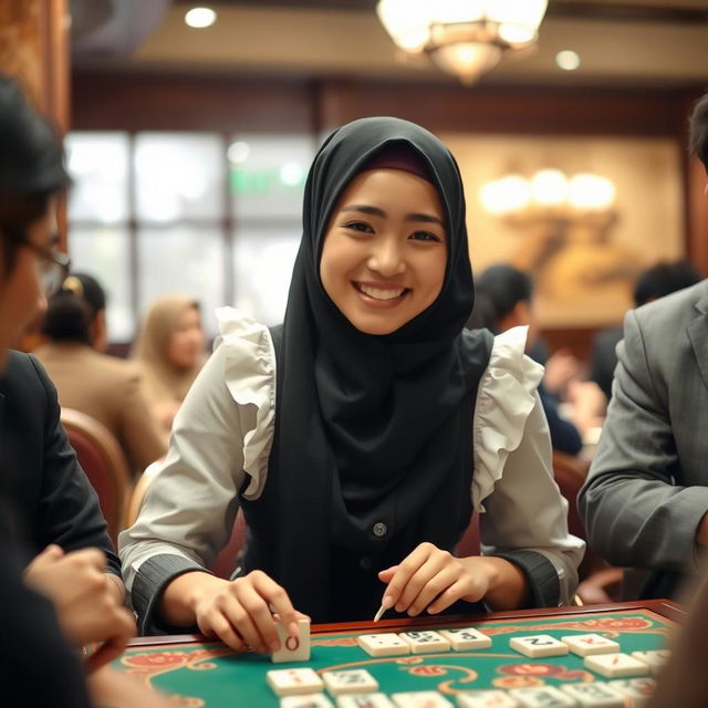 A young woman wearing a stylish hijab, dressed in a fashionable maid costume, smiling and engaged in a game of mahjong at a lively table