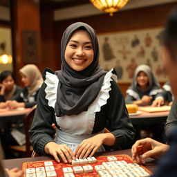 A young woman wearing a stylish hijab, dressed in a fashionable maid costume, smiling and engaged in a game of mahjong at a lively table
