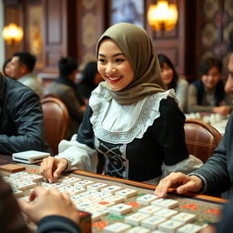 A young woman wearing a stylish hijab, dressed in a fashionable maid costume, smiling and engaged in a game of mahjong at a lively table