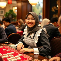 A young woman wearing a stylish hijab, dressed in a fashionable maid costume, smiling and engaged in a game of mahjong at a lively table