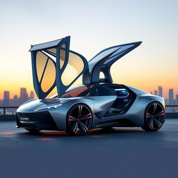 A futuristic concept car designed for 2035, featuring a sleek, aerodynamic body with a metallic silver finish