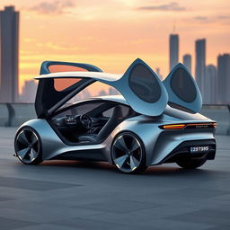A futuristic concept car designed for 2035, featuring a sleek, aerodynamic body with a metallic silver finish