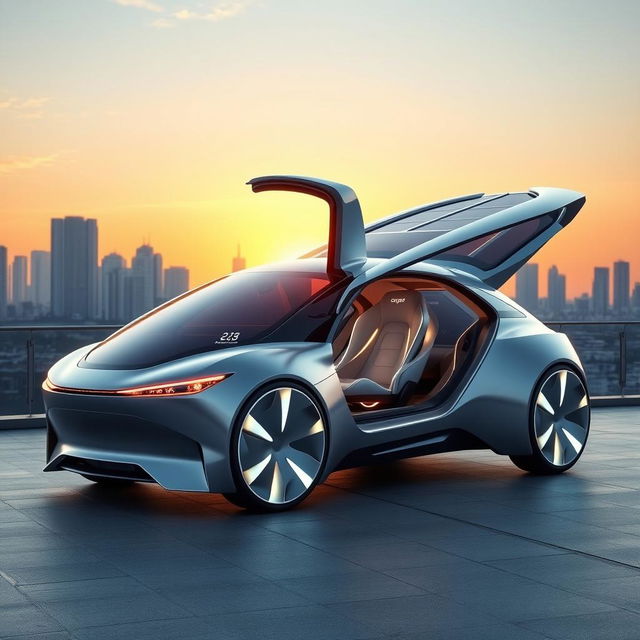 A futuristic concept car designed for 2035, featuring a sleek, aerodynamic body with a metallic silver finish