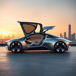 A futuristic concept car designed for 2035, featuring a sleek, aerodynamic body with a metallic silver finish