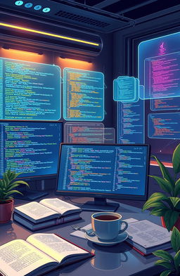 a detailed digital illustration of a futuristic Java programming environment, showcasing multiple code snippets on sleek, high-resolution screens, surrounded by holographic interface elements that represent data structures and algorithms