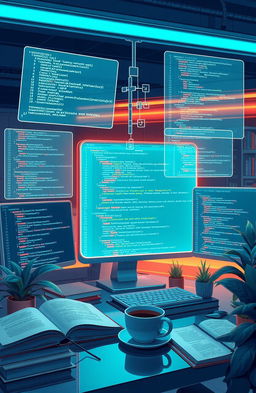 a detailed digital illustration of a futuristic Java programming environment, showcasing multiple code snippets on sleek, high-resolution screens, surrounded by holographic interface elements that represent data structures and algorithms