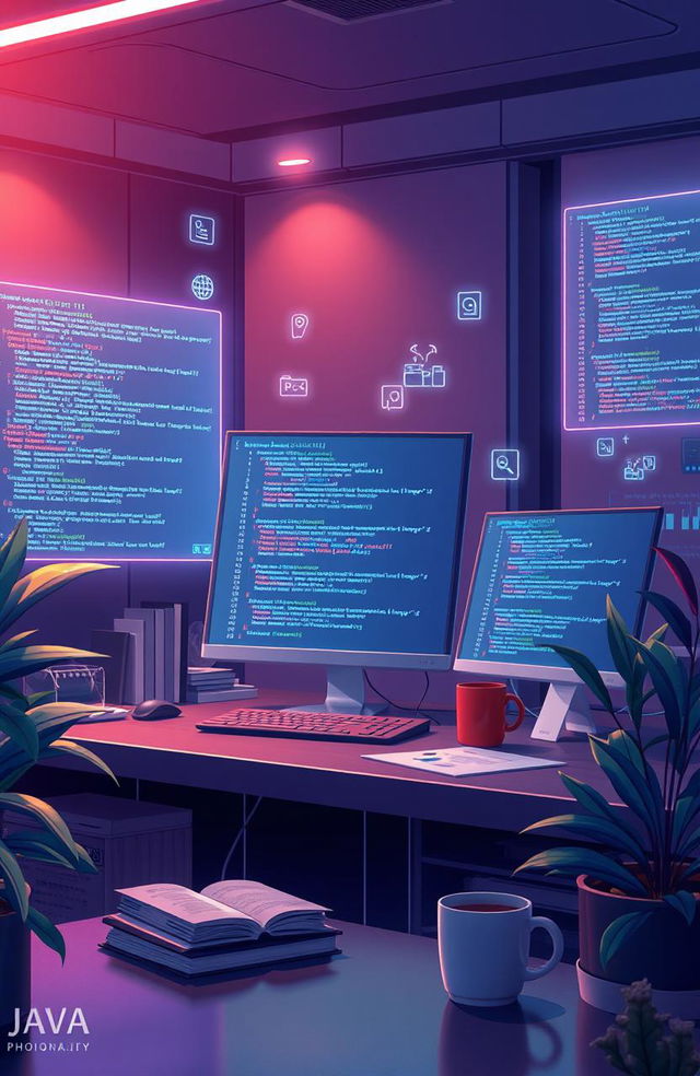 a detailed digital illustration of a futuristic Java programming environment, showcasing multiple code snippets on sleek, high-resolution screens, surrounded by holographic interface elements that represent data structures and algorithms