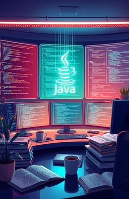 a detailed digital illustration of a futuristic Java programming environment, showcasing multiple code snippets on sleek, high-resolution screens, surrounded by holographic interface elements that represent data structures and algorithms