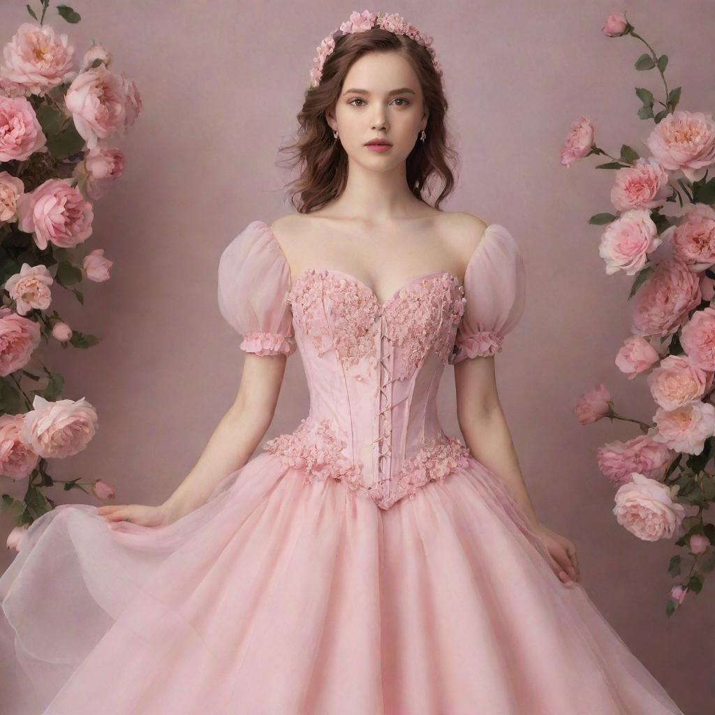 A full, pink flowy dress with a corset, flower decorations, and sleeves, displayed on a pale-skinned girl. The dress resembles a feminine, elegant design.