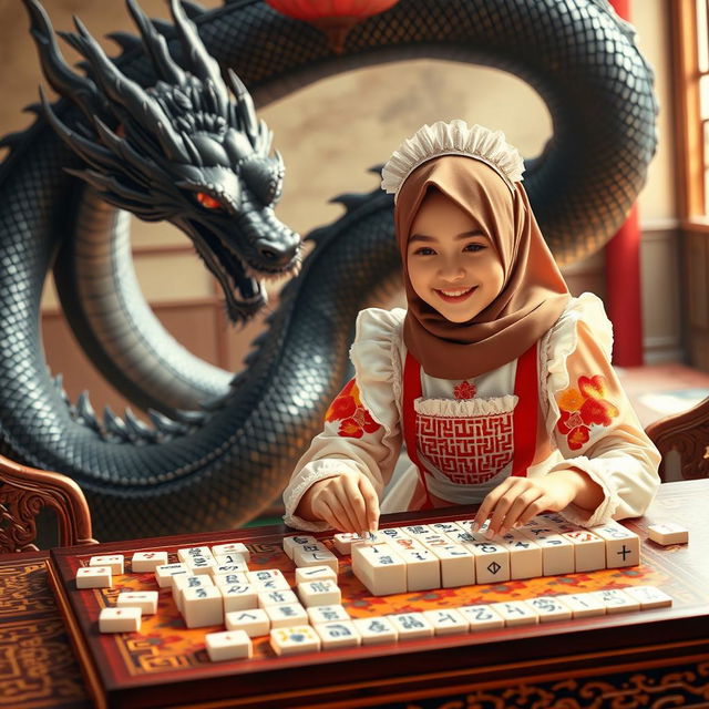 A beautiful girl wearing a stylish hijab and a colorful maid costume, engaged in a game of mahjong