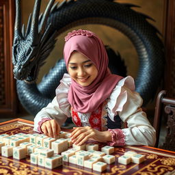 A beautiful girl wearing a stylish hijab and a colorful maid costume, engaged in a game of mahjong