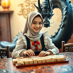 A beautiful girl wearing a stylish hijab and a colorful maid costume, engaged in a game of mahjong