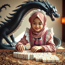 A beautiful girl wearing a stylish hijab and a colorful maid costume, engaged in a game of mahjong