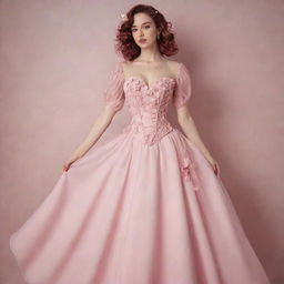 A full, pink flowy dress with a corset, flower decorations, and sleeves, displayed on a pale-skinned girl. The dress resembles a feminine, elegant design.