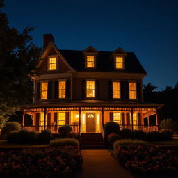 A picturesque view of a three-story house at night, fully illuminated with warm lights glowing from each window
