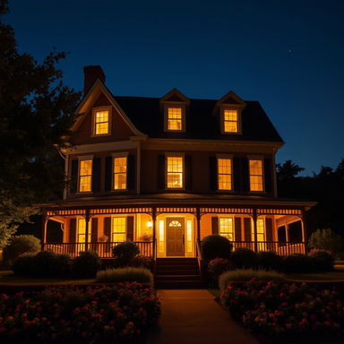 A picturesque view of a three-story house at night, fully illuminated with warm lights glowing from each window