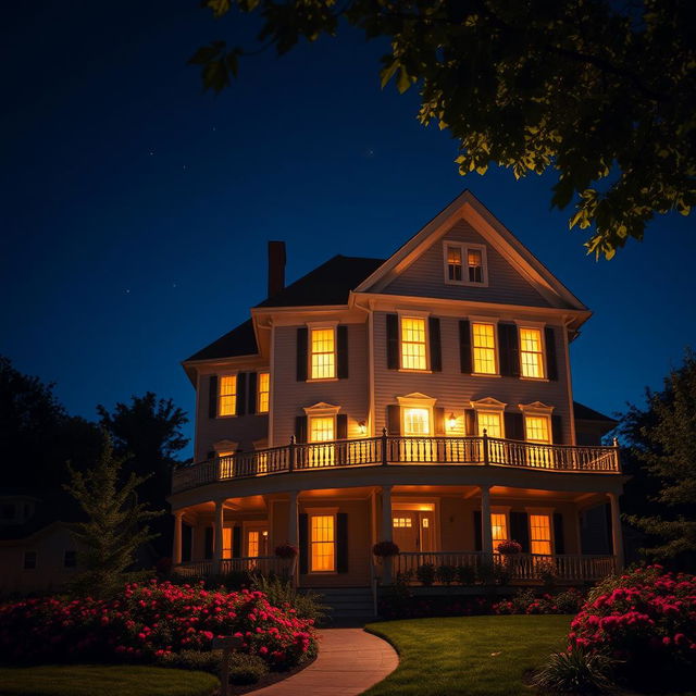 A picturesque view of a three-story house at night, fully illuminated with warm lights glowing from each window