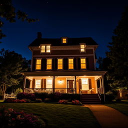 A picturesque view of a three-story house at night, fully illuminated with warm lights glowing from each window