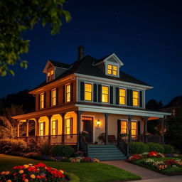 A picturesque view of a three-story house at night, fully illuminated with warm lights glowing from each window