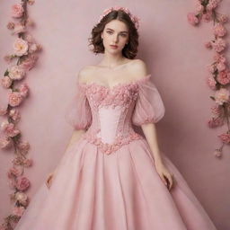 A full, pink flowy dress with a corset, flower decorations, and sleeves, displayed on a pale-skinned girl. The dress resembles a feminine, elegant design.