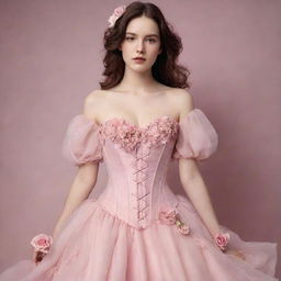 A full, pink flowy dress with a corset, flower decorations, and sleeves, displayed on a pale-skinned girl. The dress resembles a feminine, elegant design.