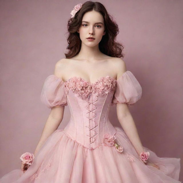 A full, pink flowy dress with a corset, flower decorations, and sleeves, displayed on a pale-skinned girl. The dress resembles a feminine, elegant design.