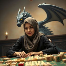 A young woman wearing a stylish hijab, sitting at a mahjong table, intensely focused on her game